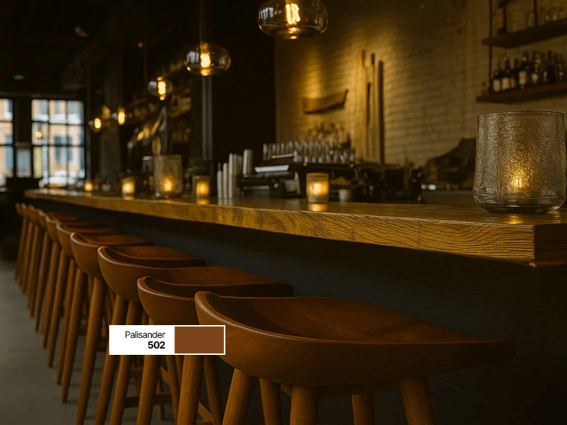 Bangku bar kayu tinggi dengan desain artistik untuk cafe