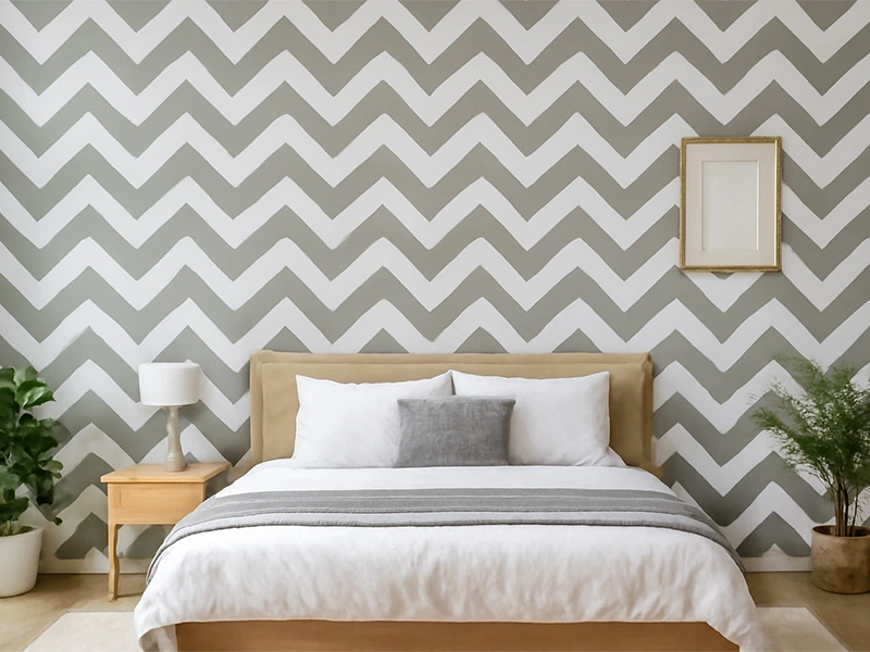 Dinding kamar tidur bergaya cozy dengan pola zig-zag monokrom halus