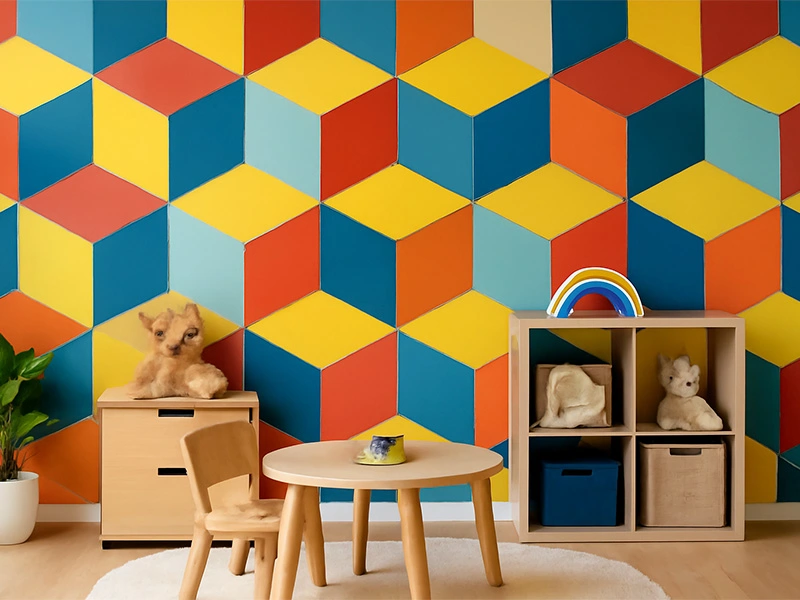 Dinding anak-anak dengan pola kubus tiga dimensi abu-abu yang playful dan kreatif