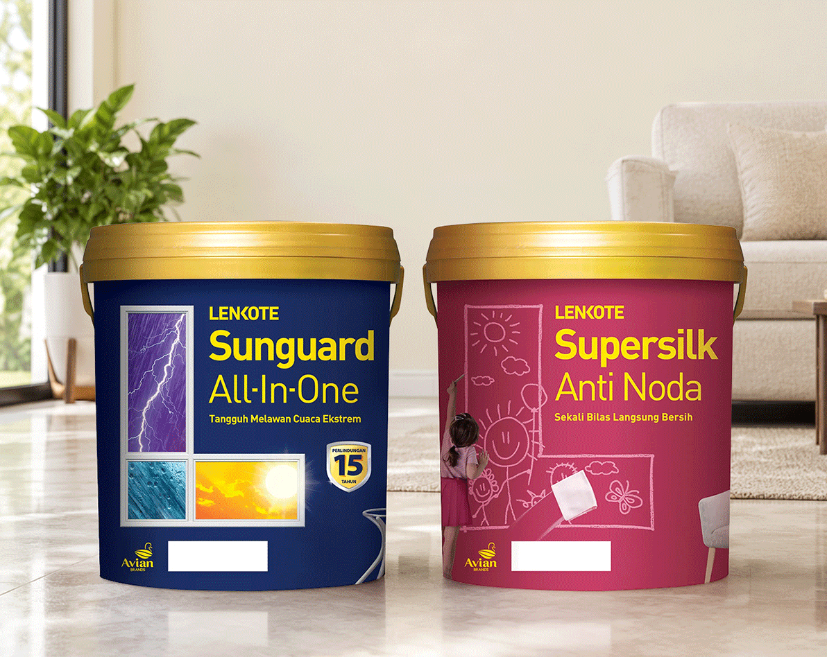 Kemasan cat dinding Sunguard All-In-One dan Supersilk Anti Noda dari Avian Brands