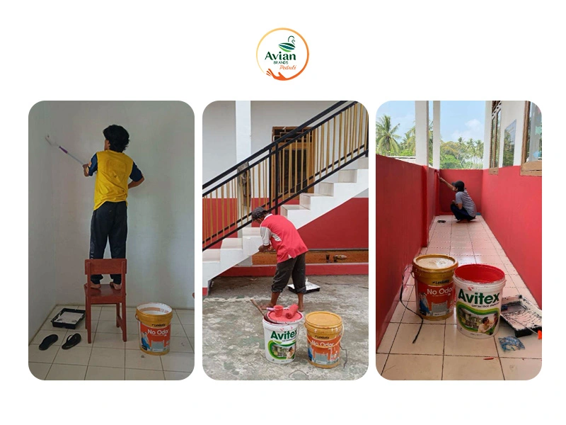 CSR Avian Brands mengecat SD MI Raudlatul Hidayah 2 Mauk dengan warna cerah untuk menciptakan ruang belajar nyaman dan sehat.